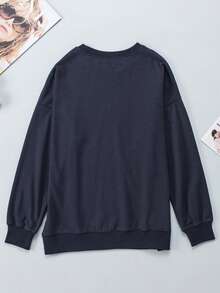 CILKOO Sweat-shirt À Lettres Épaule tombante - Bleu marine - Voir 2