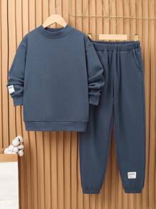 SHEIN Tween Boy Letter Patched Thermal Lined Pullover & Sweatpants - Dusty Blue - View 7