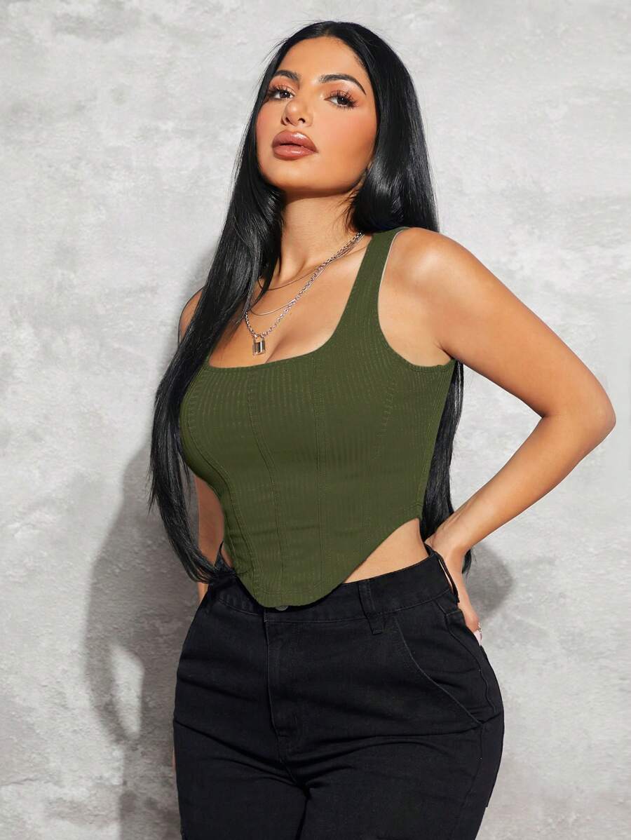 SHEIN SXY Viền không đối xứng Áo ba lỗ - xanh quân đội - Xem 1