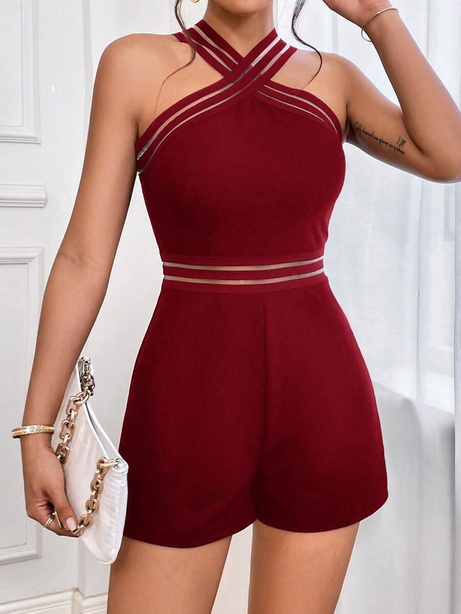SHEIN Privé Contrast Mesh Crisscross Halter Romper - Burgundy - View 1