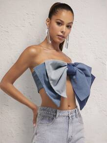 SHEIN Unity Khối màu Quá quắt Nơ Tops Denim - Nhiều màu - Xem 4