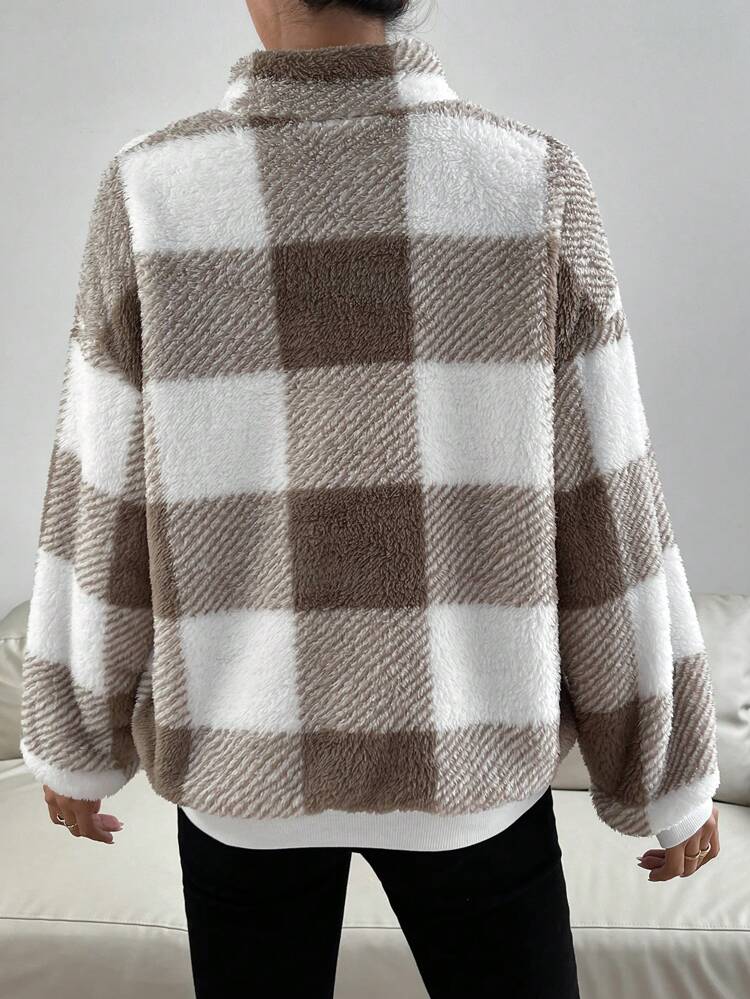 Buffalo Plaid Pattern Drop Shoulder Half Zip Teddy Sweatshirt,Long Sleeve Tops In Fall/Winter