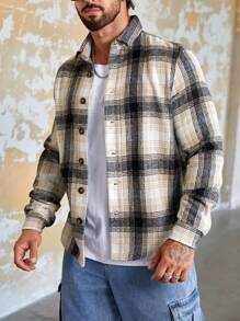 Mainfolk Loose Fit Men Plaid Print Button Front Overcoat, For Fall Winter - Multicolor - View 1