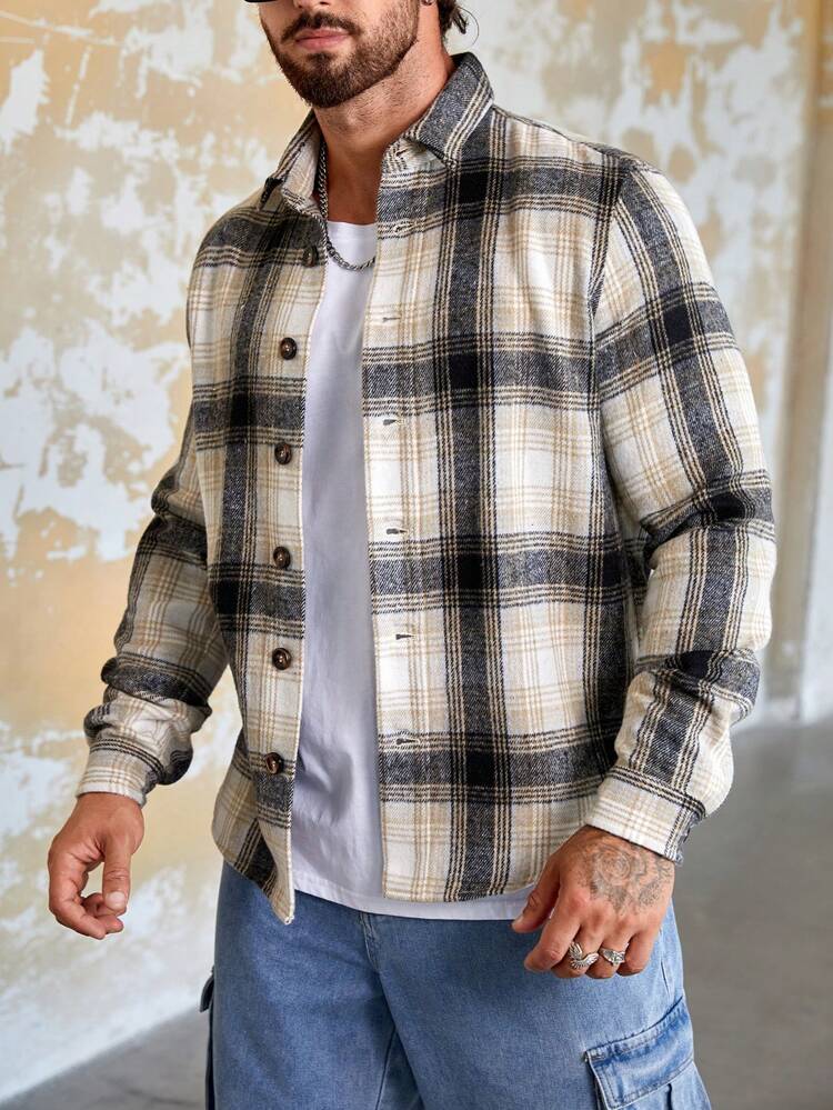 Loose Fit Men Plaid Print Button Front Overcoat, For Fall Winter