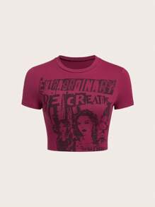 SHEIN ICON Đồ họa Hình & Chữ cái Áo phông Crop - Màu Đỏ Sâu - Xem 1