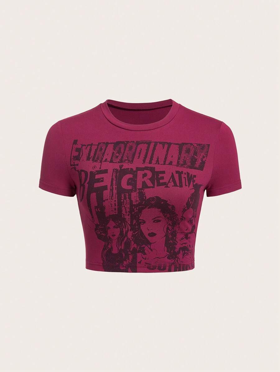 SHEIN ICON Đồ họa Hình & Chữ cái Áo phông Crop - Màu Đỏ Sâu - Xem 1