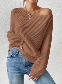 SHEIN Essnce Solid Ribbed Knit Sweater - Brown - View 5