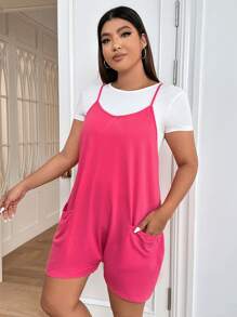 SHEIN Qutie Jumpsuits Plus Size Túi màu trơn Giải trí - Màu Hồng  Dưa hấu - Xem 4
