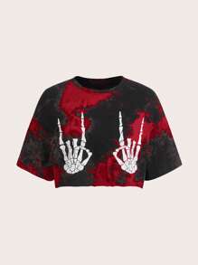 SHEIN EZwear Camiseta crop de tie dye esqueleto con estampado de mano - Rojo - Ver 4