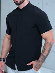 Manfinity Homme 男士純色短袖釦扣衫，黑色普通工作休閒襯衫，適用於丈夫 - 黑色 - 查看 5