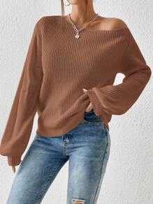 SHEIN Essnce Solid Ribbed Knit Sweater - Brown - View 3