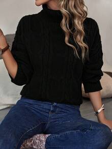 Pulover cu guler rotund, tricot cablu, cu umeri - Negru - Vizualizare 3