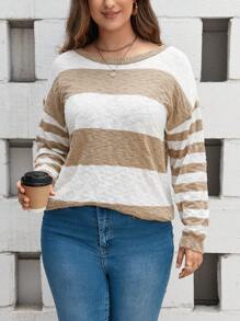 SHEIN LUNE 大碼條紋圖案落肩袖套頭毛衣 - 彩色 - 查看 4