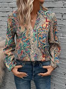 EMERY ROSE Paisley Print Notched Neckline Lantern Sleeve Blouse,Long Sleeve Tops Fall Cloth For Women - Multicolor - View 1