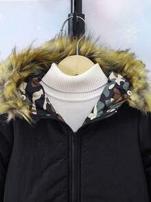 SHEIN 男童单件字母图案毛绒装饰连帽棉服 - 黑色 - 查看 5