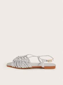 Flache Sandalen Damen Stilvoll Gewebt Design, Silber mit Urlaub Stil - Silber - Übersicht 3