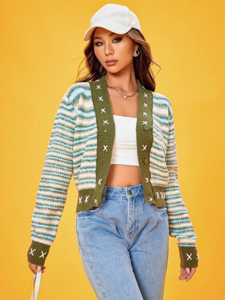 Striped Pattern Button Front Cardigan Fall Cloth For Women