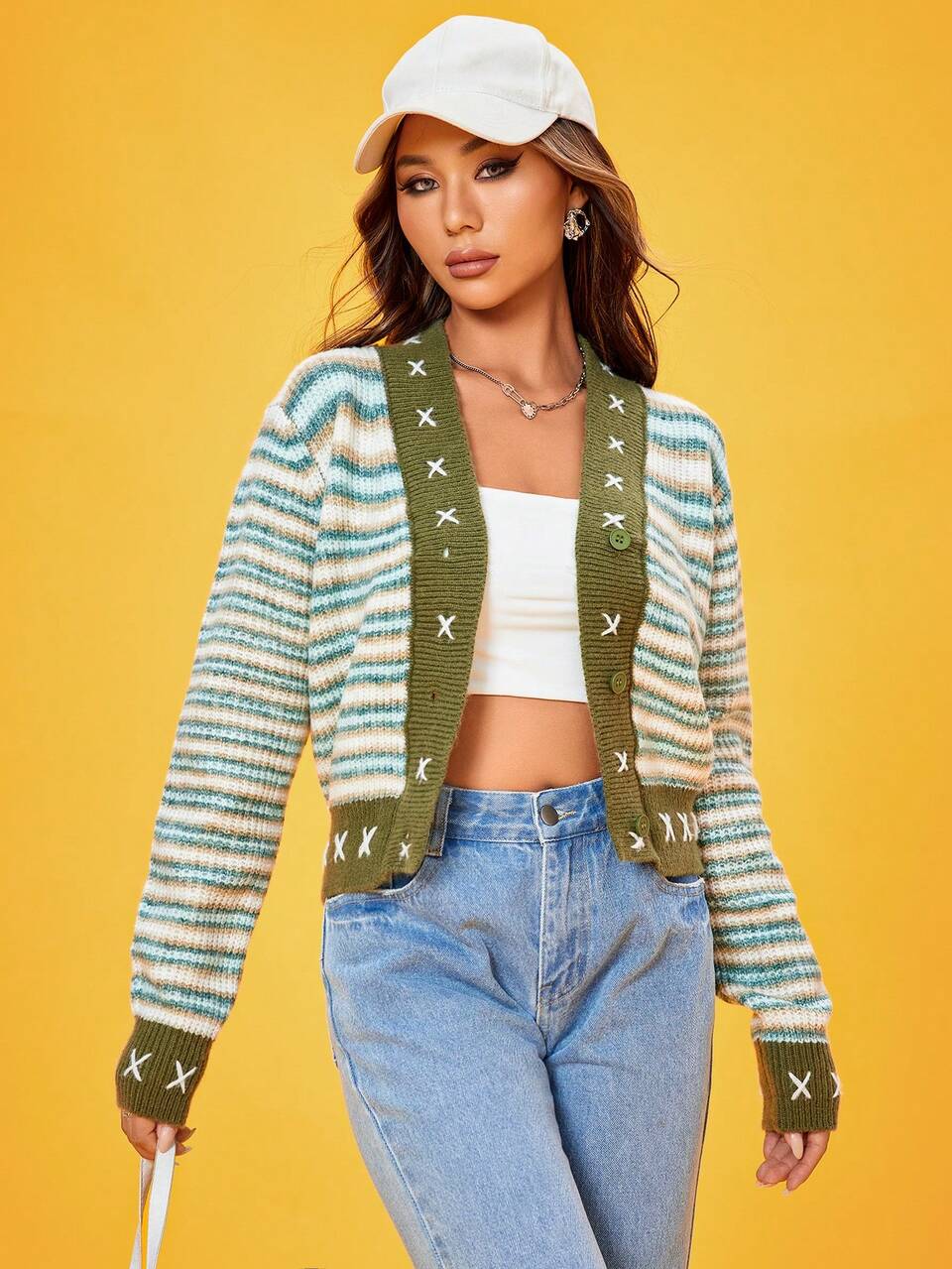 Striped Pattern Button Front Cardigan Fall Cloth For Women