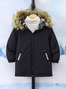 SHEIN 男童单件字母图案毛绒装饰连帽棉服 - 黑色 - 查看 1
