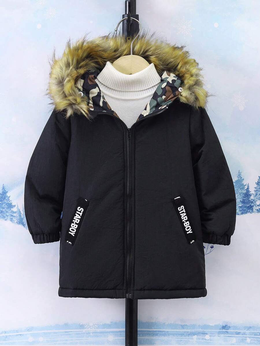SHEIN 男童单件字母图案毛绒装饰连帽棉服 - 黑色 - 查看 1