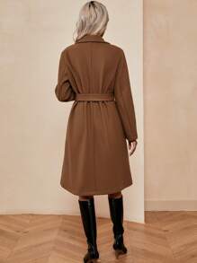 SHEIN LUNE Lapel Neck Double Breasted Belted Overcoat - Khaki - View 2