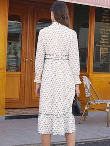 Simple Retro Polka Dot Print Ruffle Trim Dress - White - View 3