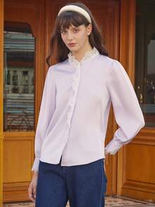 Simple Retro Contrast Lace Button Front Shirt - Mauve Purple - View 4