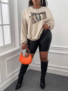 Slaydiva 大碼字母圖案落肩袖運動衫 - 卡其色 - 查看 2