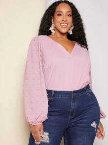 SHEIN CURVE+ Plus Swiss Dot Lantern Sleeve Blouse - Dusty Pink - View 7