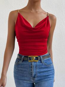 Allurite Top camisero fruncido con cuello drapeado y detalle de cadena para ropa de Año Nuevo - Rojo - Ver 7