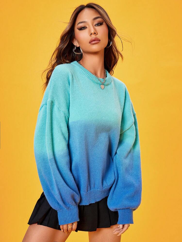 Ombre Drop Shoulder Knit Pullover Fall Winter Sweater