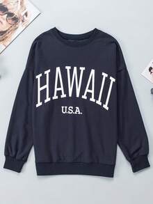 CILKOO Sweat-shirt À Lettres Épaule tombante - Bleu marine - Voir 1