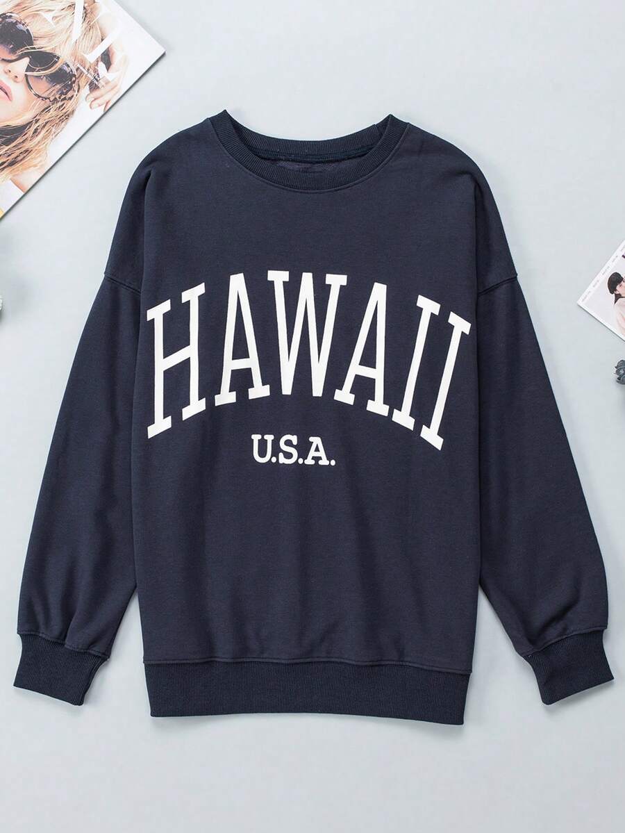 CILKOO Sweat-shirt À Lettres Épaule tombante - Bleu marine - Voir 1