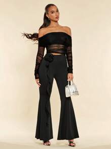 SHEIN BAE 3D荷葉邊喇叭褲 - 黑色 - 查看 5