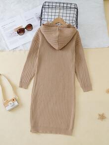 Tween Girl Ribbed Knit Hooded Sweater Dress - Khaki - View 2
