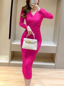 SHEIN EZwear Solid Ruched Bodycon Dress - Hot Pink - View 5
