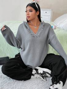 Flirla Plus Drop Shoulder Hooded Sweater Knit Pullover Fall Winter Sweater - Light Grey - View 5
