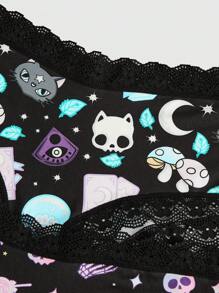ROMWE Kawaii 3pack Cartoon Graphic Contrast Lace Brief