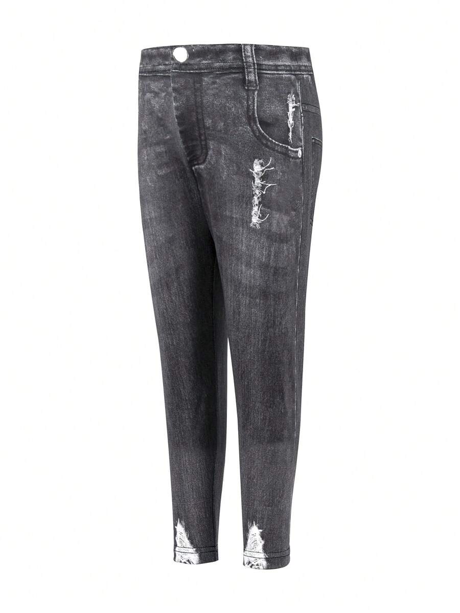 SHEIN Young Girl Casual Ripped Digital Print Long Pants Suitable For Autumn Outings. - Black - View 1