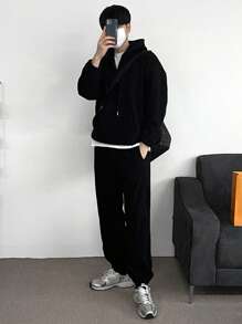 DAZY Men Drop Shoulder Drawstring Hoodie & Sweatpants Without Tee - Black - View 6