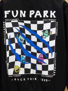 SHEIN 男大童棋盤格&字母圖案條紋飾邊加絨內裏學院風夾克 - 黑色 - 查看 12