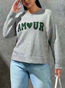 SHEIN EZwear Hơn Lá thư & Hình trái tim Thả vai Áo len - Màu Xám nhạt - Xem 1