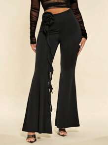 SHEIN BAE 3D荷葉邊喇叭褲 - 黑色 - 查看 4