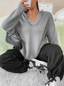 Flirla Plus Drop Shoulder Hooded Sweater Knit Pullover Fall Winter Sweater - Light Grey - View 1