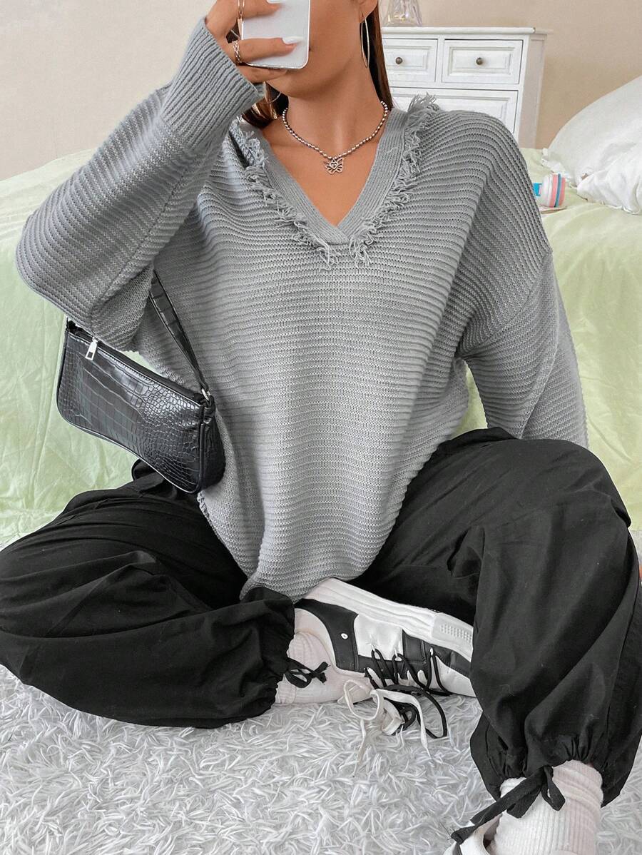 Flirla Plus Drop Shoulder Hooded Sweater Knit Pullover Fall Winter Sweater - Light Grey - View 1