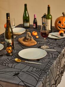 1Pc Halloween Lace Spider Web Table Runner, Black Mesh Tablecloth, Party Festival Table Decoration - Black - View 2
