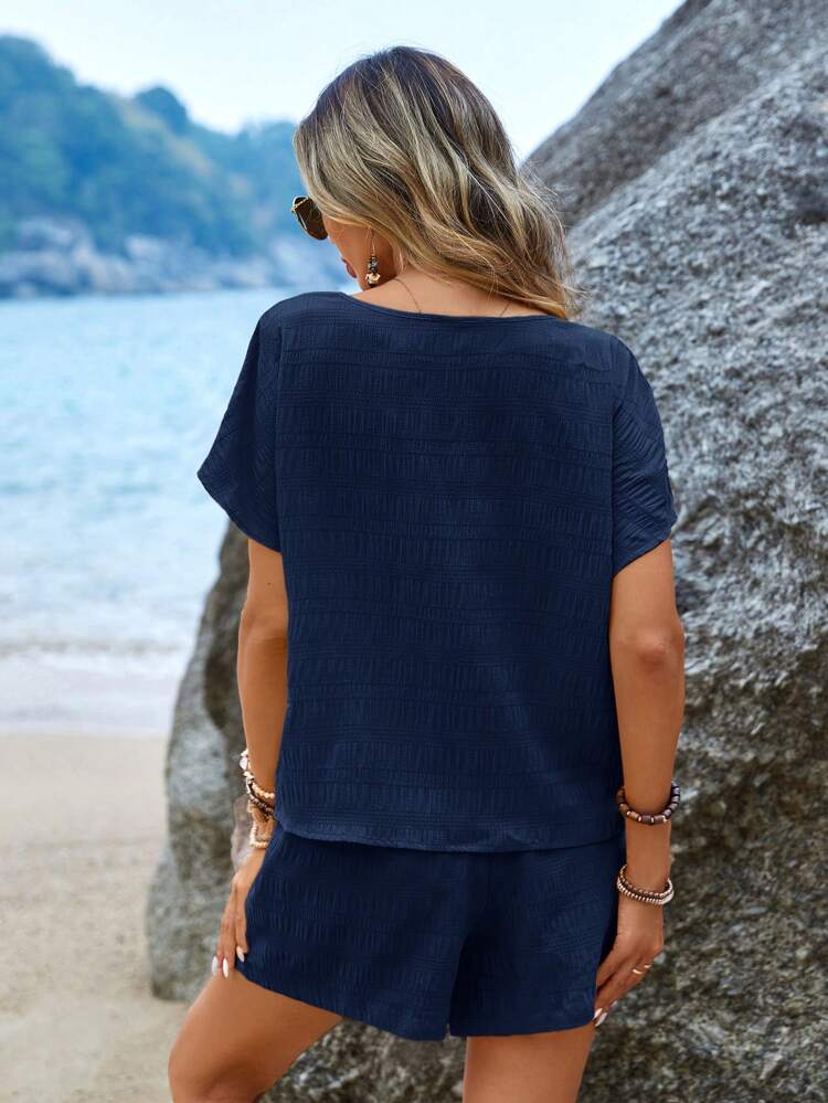Batwing Sleeve Blouse & Slant Pocket Belted Shorts,Vacation