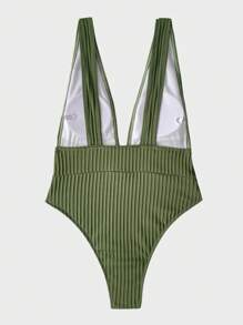 SHEIN 羅紋深V連體泳衣 - 軍綠色 - 查看 2