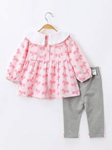 女小童蝴蝶結圖案彼得潘領娃娃襯衫&褶邊長褲