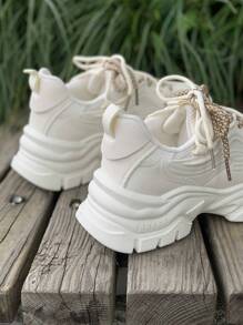 Zapatos Deportivos Beige Para Mujeres Con Suelas Gruesas, Estilo De Zapatos Toscos - Beis - Ver 6